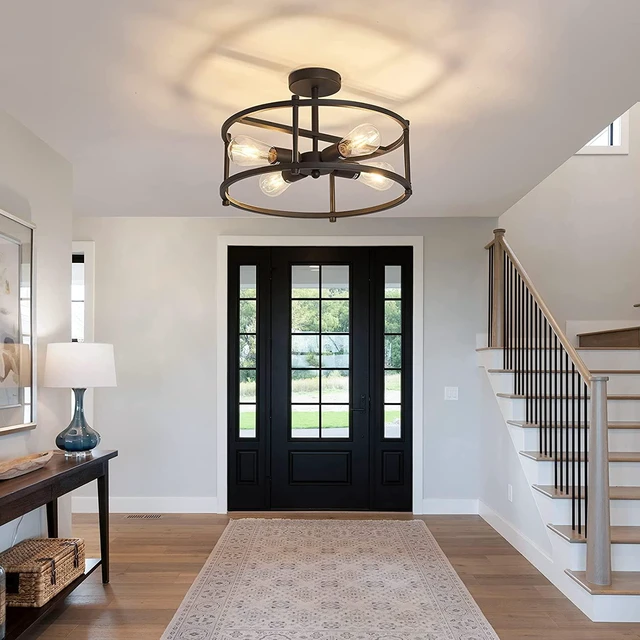 Alt view image 2 of 7 - hesoge Industrial Semi Flush Mount Ceiling Light,4 Light Rustic Metal Ceiling Light Fixture,Black Farmhouse Chandelier for Kitchen Island Dining Room Hallway Entryway Bedroom Living Room.