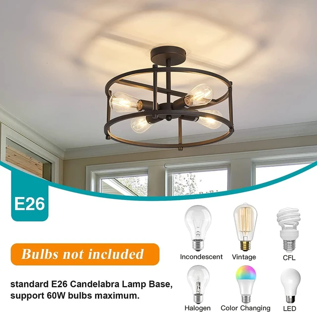 Alt view image 4 of 7 - hesoge Industrial Semi Flush Mount Ceiling Light,4 Light Rustic Metal Ceiling Light Fixture,Black Farmhouse Chandelier for Kitchen Island Dining Room Hallway Entryway Bedroom Living Room.