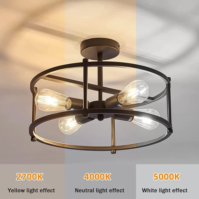 Alt view image 5 of 7 - hesoge Industrial Semi Flush Mount Ceiling Light,4 Light Rustic Metal Ceiling Light Fixture,Black Farmhouse Chandelier for Kitchen Island Dining Room Hallway Entryway Bedroom Living Room.