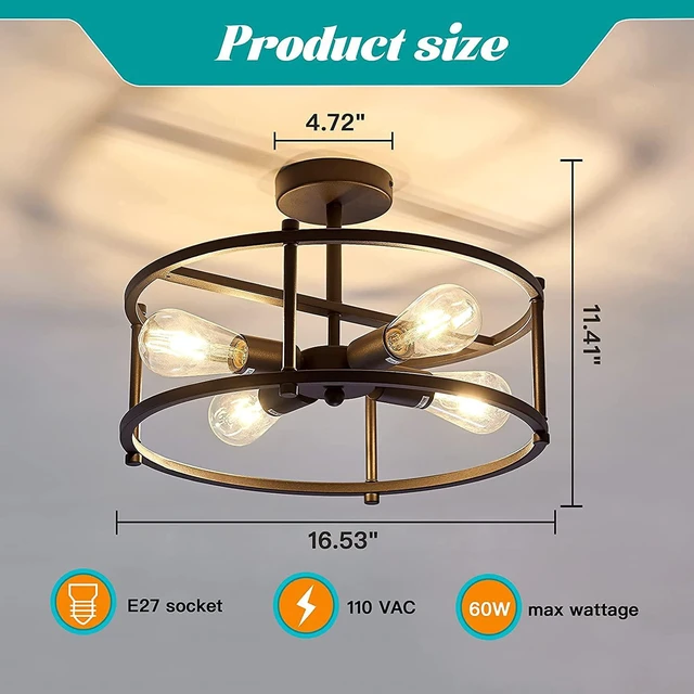 Alt view image 3 of 7 - hesoge Industrial Semi Flush Mount Ceiling Light,4 Light Rustic Metal Ceiling Light Fixture,Black Farmhouse Chandelier for Kitchen Island Dining Room Hallway Entryway Bedroom Living Room.