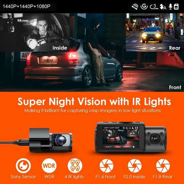 Alt view image 5 of 7 - N4 3 Channel 4K Dash Cam, 4K+1080P Front and Rear, 1440P+1440P Front and Inside, 1440P+1440P+1080P Three Way Triple Car Camera, IR Night Vision, 24 Hours Parking Mode, Support 512GB Max