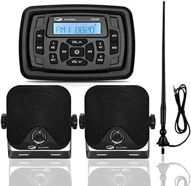 Main image of Boats Marine Radio Bluetooth and Speakers Audio System Package - Waterproof Marine Stereo Receiver+ 1 Pari 4 inches Black Speakers + Antenna for Boats ATV UTV Motorcycle 306.301B.056B