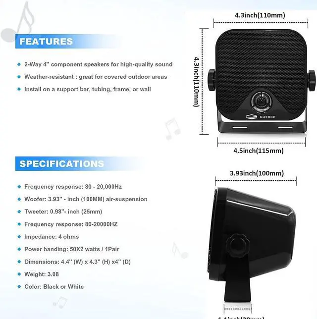 Alt view image 4 of 7 - Boats Marine Radio Bluetooth and Speakers Audio System Package - Waterproof Marine Stereo Receiver+ 1 Pari 4 inches Black Speakers + Antenna for Boats ATV UTV Motorcycle 306.301B.056B