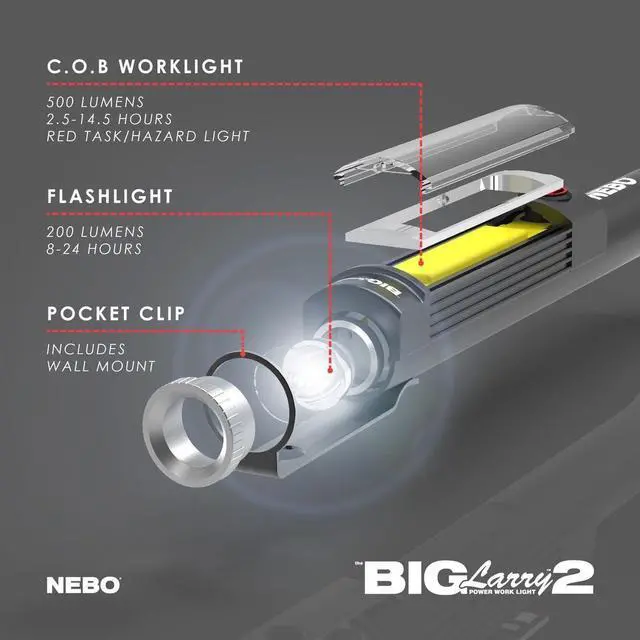 Alt view image 3 of 5 - NEBO BIG LARRY 2 Power Work Light | Bright Flashlight and Work Light with Clip and Magnetic Base | Storm Gray