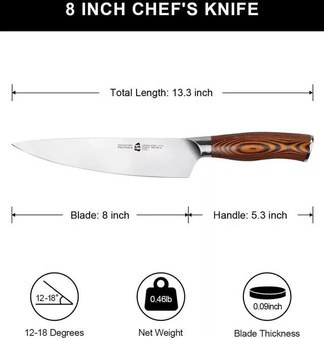 Alt view image 6 of 7 - TUO Cutlery 8" Kitchen Chef Knife, German HC Steel, Fiery Phoenix Series