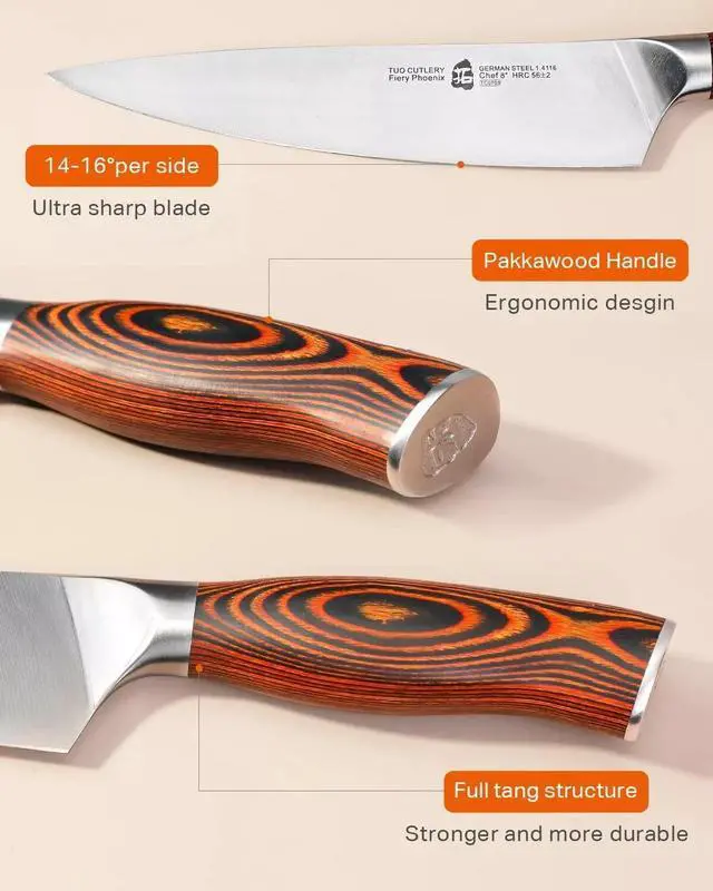 Alt view image 7 of 7 - TUO Cutlery 8" Kitchen Chef Knife, German HC Steel, Fiery Phoenix Series