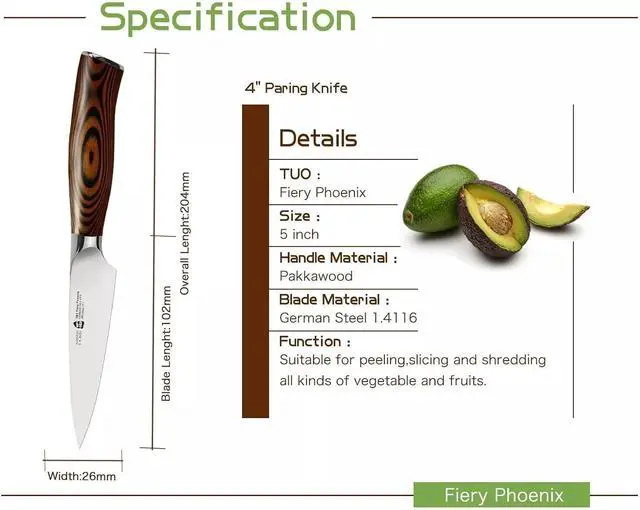 Alt view image 3 of 3 - TUO Cutlery 4'' Paring Knife - Pakkawood Handle, Fiery Phoenix Series, with Case