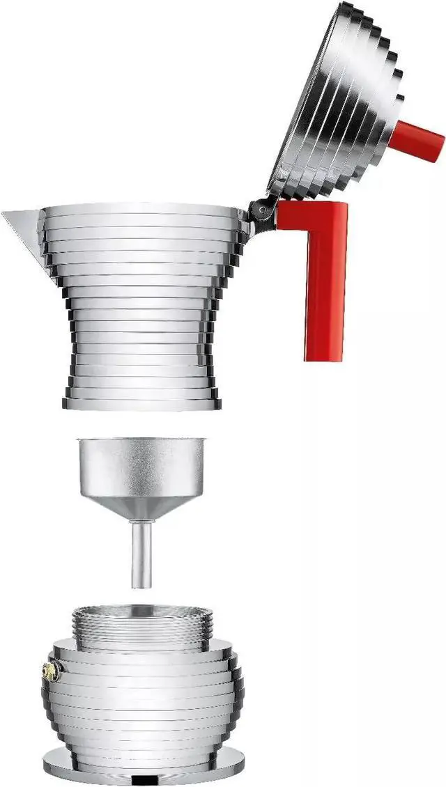 Alt view image 3 of 6 - Alessi MDL02/3 B Pulcina Stovetop Espresso Coffee Maker 3 Cups - Silver/Red