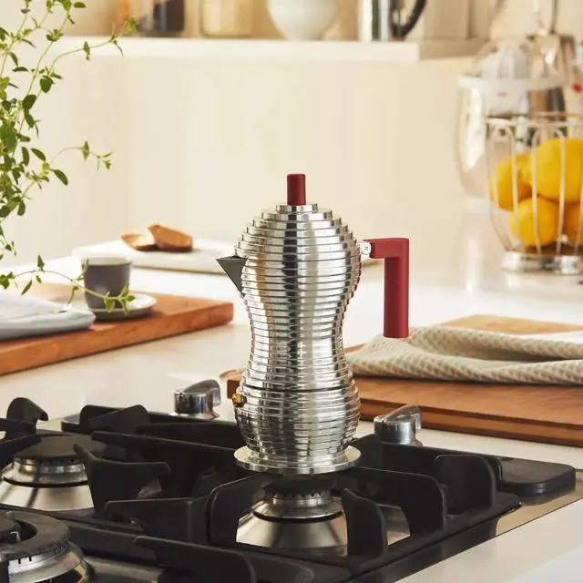 Alt view image 6 of 6 - Alessi MDL02/3 B Pulcina Stovetop Espresso Coffee Maker 3 Cups - Silver/Red