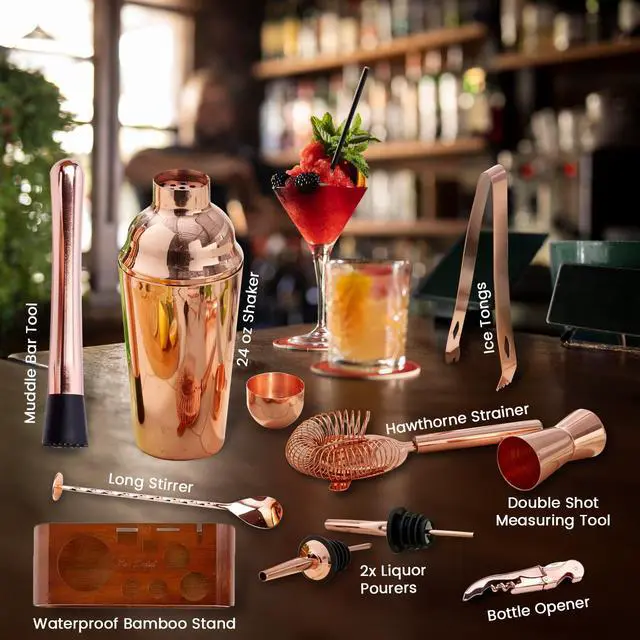 Alt view image 3 of 5 - Bar Social 10 piece Bartender Cocktail Kit w/ Stand- Rose Gold - Stainless Steel