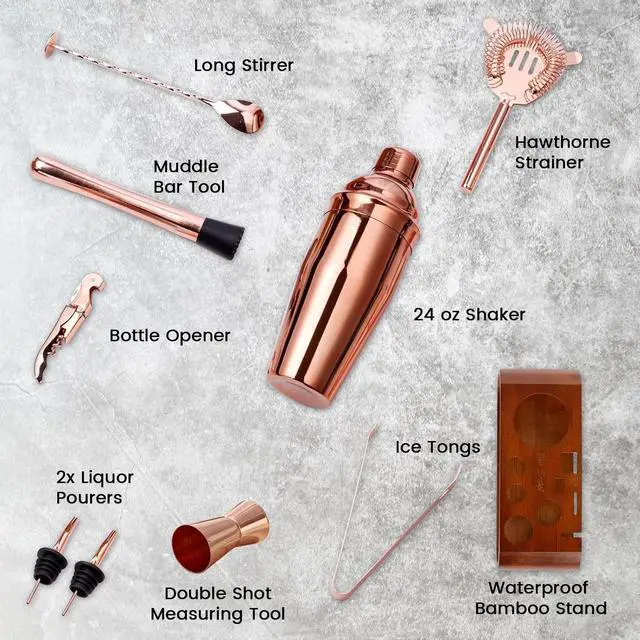Alt view image 2 of 5 - Bar Social 10 piece Bartender Cocktail Kit w/ Stand- Rose Gold - Stainless Steel