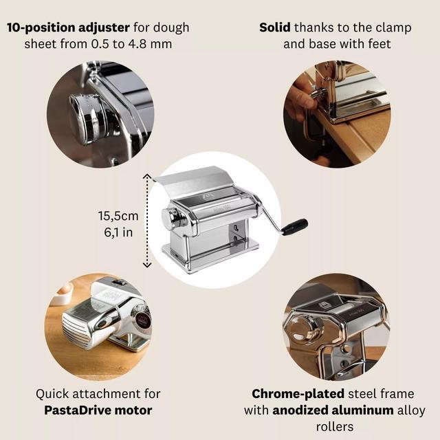 Alt view image 5 of 5 - Marcato Atlas 150 Slide Manual Pasta Machine, Bread Dough, Chrome Steel