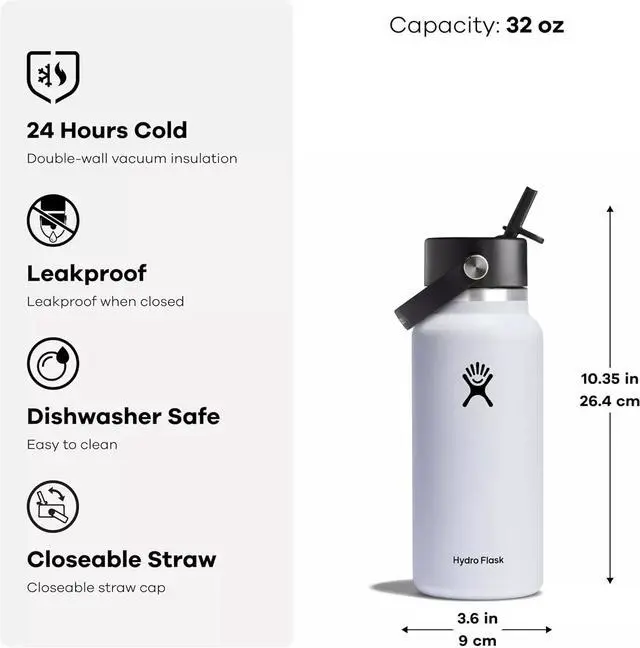 Alt view image 2 of 6 - Hydro Flask Vacuum Insulated Wide Flex Water Bottle with Straw Lid, 32oz, White
