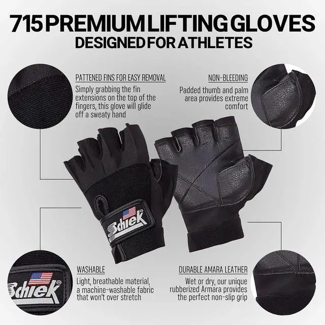 Alt view image 3 of 7 - Schiek Sports 715 Premium Lifting Gloves, Exercise Equipment, Black, Size Large