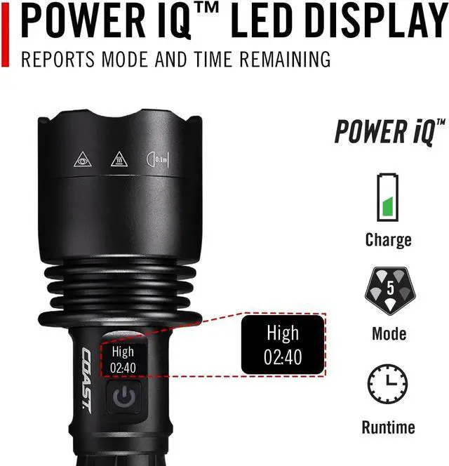 Alt view image 4 of 7 - Coast XP40R 8000 Lumen Rechargeable Dual-Power LED Flashlight, 5 Modes, Black