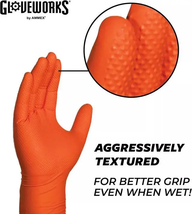 Alt view image 4 of 5 - Gloveworks 100-Pack 8 Mil Nitrile Disposable Rubber Gloves, Medium, Orange