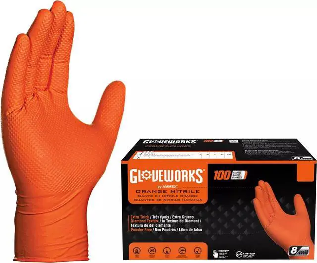Main image of Gloveworks 100-Pack 8 Mil Nitrile Disposable Rubber Gloves, Medium, Orange