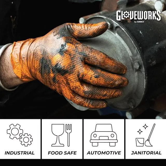 Alt view image 3 of 5 - Gloveworks 100-Pack 8 Mil Nitrile Disposable Rubber Gloves, Medium, Orange