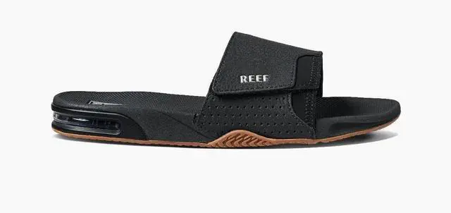 Main image of REEF Men's Fanning Slide Bottle Opener Regular Sandal - Black/Silver, Size 13