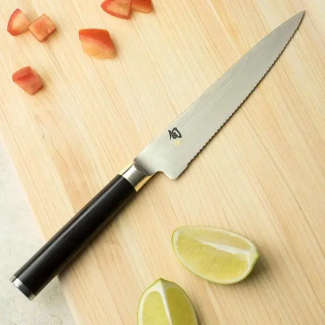 Alt view image 4 of 6 - Shun Classic 6" Serrated Utility Knife with D-Shaped Ebony Pakkawood Handle