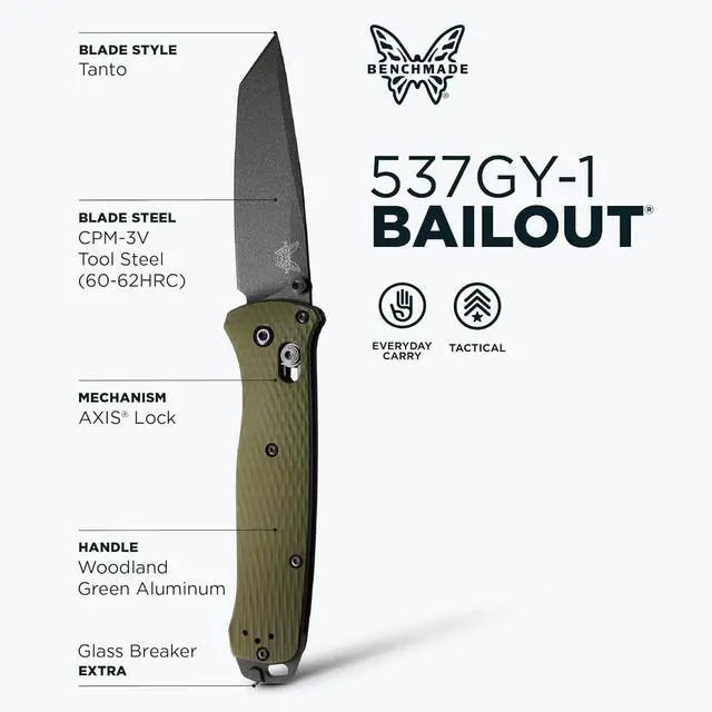 Alt view image 5 of 7 - Benchmade 537GY-1 Bailout EDC Tanto Blade Pocket Knife, Woodland Green Handle