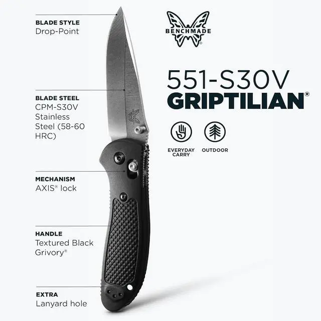 Alt view image 6 of 6 - Benchmade 551-S30V Griptilian Plain Edge Pocket Knife, Black Nylon Handle