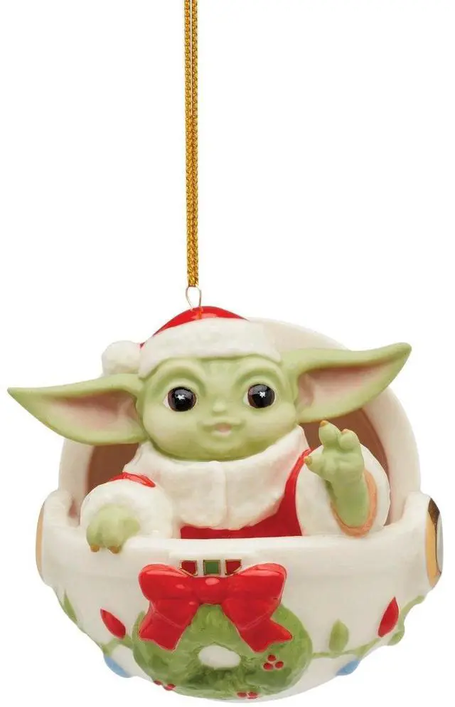 Alt view image 2 of 4 - Lenox Grogu's Holiday Hover Pram Christmas Ornament, Gold Accents Hanging, Green