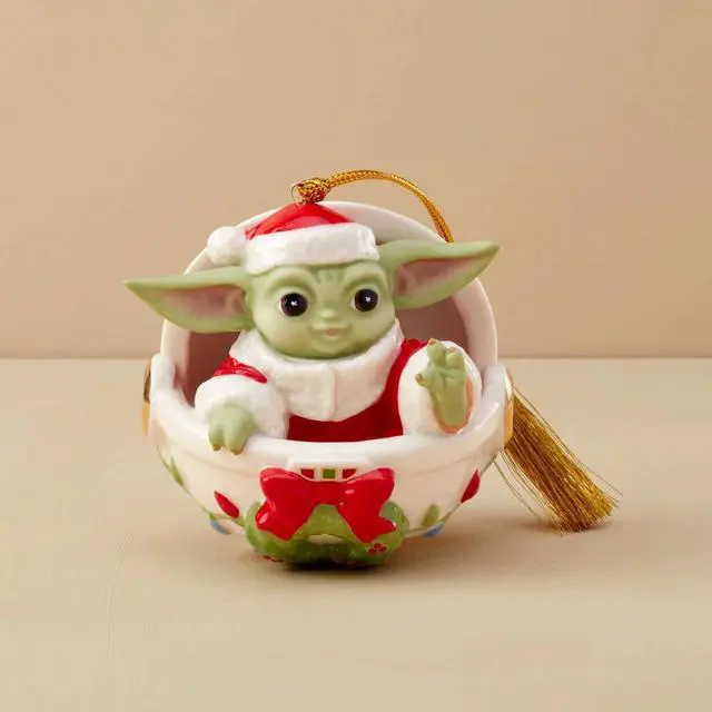 Main image of Lenox Grogu's Holiday Hover Pram Christmas Ornament, Gold Accents Hanging, Green