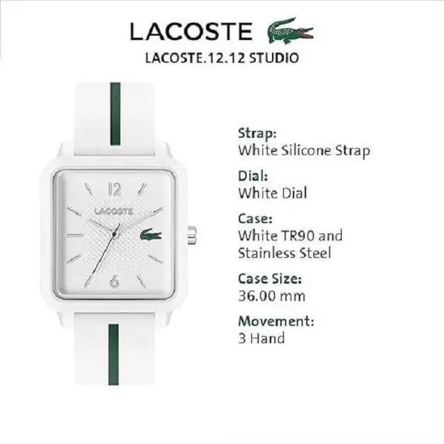 Alt view image 4 of 5 - Lacoste 12.12 Studio Men's Quartz Watch Square Case with Rubber Strap, White