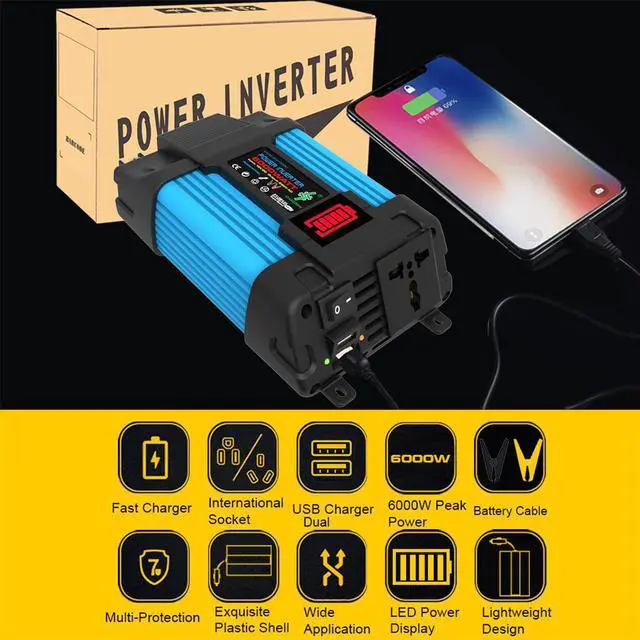Alt view image 5 of 7 - 6000W Peak Power Power Inverter DC 12V to 110V AC Car Inverter Dual USB Fast Charging LED Display