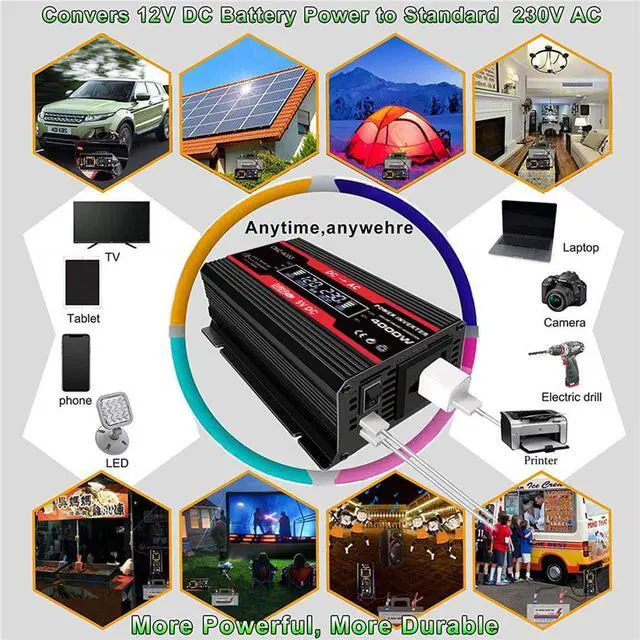 Alt view image 6 of 7 - Car inverter 4000W (300W rated power) 12V to 220V Modified sine wave Dual USB4.2A fast charging power inverter