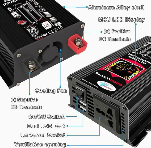 Alt view image 2 of 7 - 6000W Peak power (500W rated power)  Car Power Inverter with 2 USB ports and AC outlet LCD display