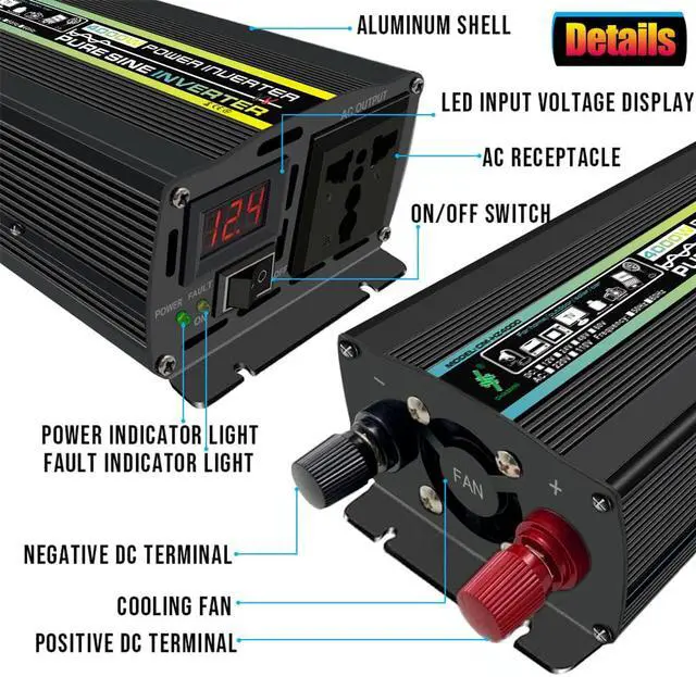 Alt view image 2 of 7 - 4000 watts Pure Sine Wave Power Inverter with LED display Battery Clip, Car Inverter