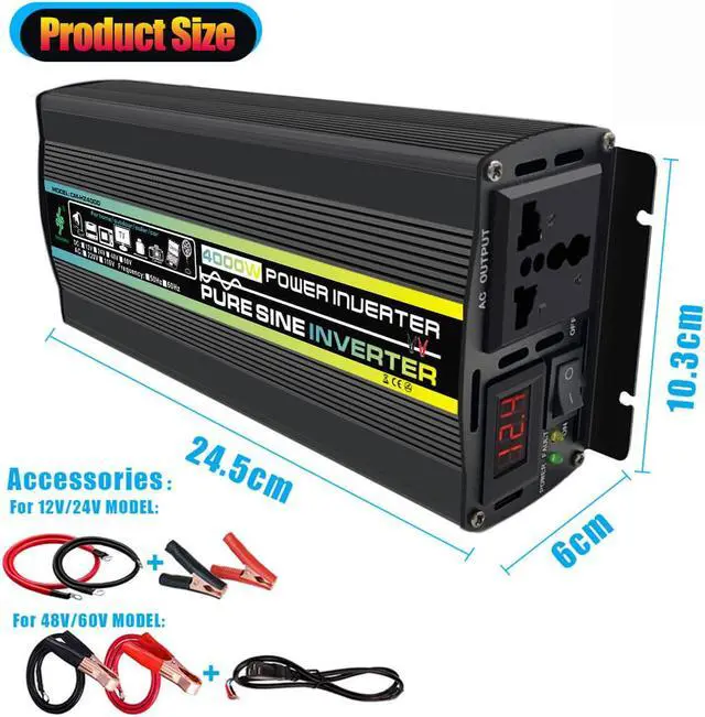 Alt view image 3 of 7 - 4000 watts Pure Sine Wave Power Inverter with LED display Battery Clip, Car Inverter
