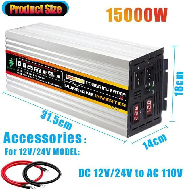 Alt view image 3 of 7 - 15000w pure sine wave power inverter DC 12v to 110v AC car inverter with LED display