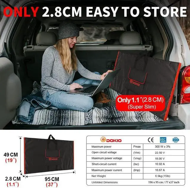 Alt view image 4 of 7 - DOKIO 300W 18V Portable Solar Panel Kit Folding Solar Charger with 2 USB Outputs for 12v Batteries/Power Station AGM LiFePo4 RV Camping Trailer Car Marine