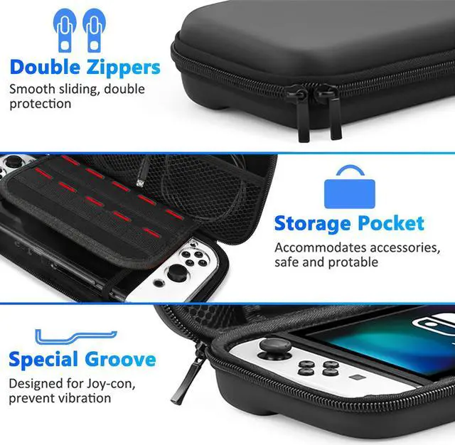 Alt view image 5 of 7 - 10-in-1 Accessories Bundle for Nintendo Switch OLED - Protection, Carrying Case, Screen Protectors, Thumb Grips (Black)