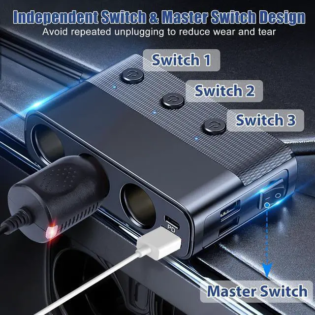 Alt view image 2 of 7 - 7-in-1 3 Way Car Cigarette Lighter Socket Splitter Power Adapter -  3USB +PD Charger Outlet (Black)