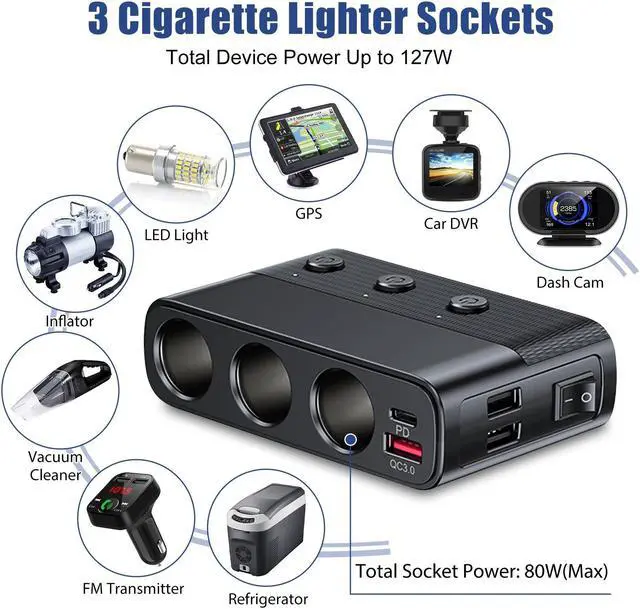 Alt view image 4 of 7 - 7-in-1 3 Way Car Cigarette Lighter Socket Splitter Power Adapter -  3USB +PD Charger Outlet (Black)