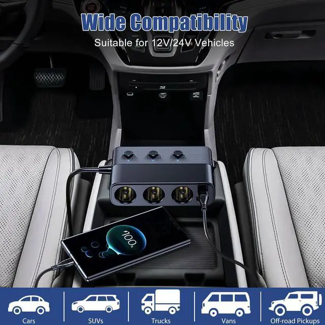 Alt view image 5 of 7 - 7-in-1 3 Way Car Cigarette Lighter Socket Splitter Power Adapter -  3USB +PD Charger Outlet (Black)