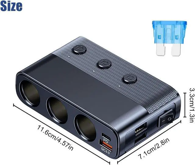 Alt view image 6 of 7 - 7-in-1 3 Way Car Cigarette Lighter Socket Splitter Power Adapter -  3USB +PD Charger Outlet (Black)