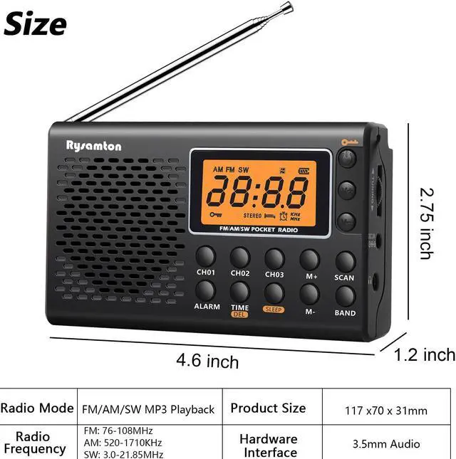 Alt view image 6 of 7 - 3-In-1 Portable FM/AM/SW Radio - Alarm Clock Large Digital Display with Backlight (Black)