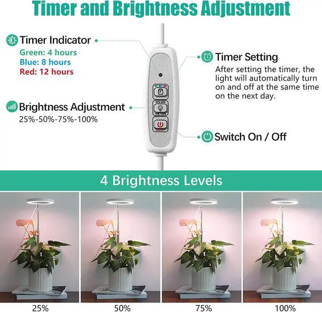 Alt view image 3 of 7 - Grow Lights for Indoor Plants - LED Full Spectrum Plant Light, Height Adjustable Grow Light with 4 Dimmable Brightness, 4/8/12H On/Off Timer, Splashproof Halo Plant Lamp for Small Plants