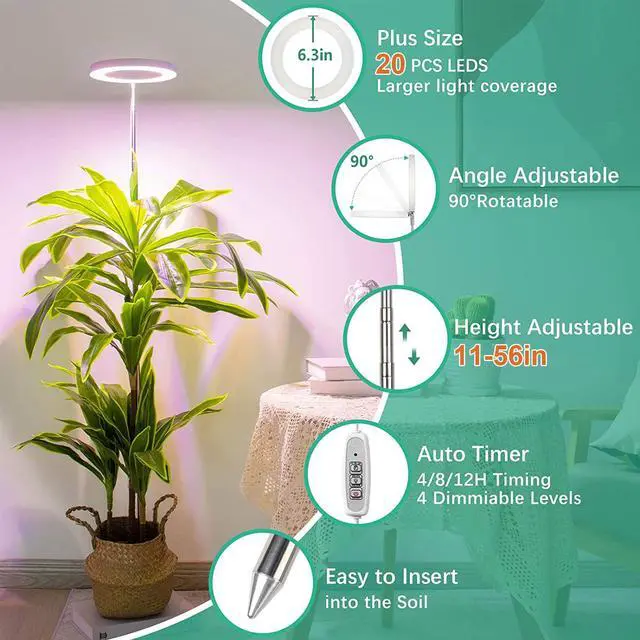 Alt view image 4 of 7 - Grow Lights for Indoor Plants - LED Full Spectrum Plant Light, Height Adjustable Grow Light with 4 Dimmable Brightness, 4/8/12H On/Off Timer, Splashproof Halo Plant Lamp for Small Plants