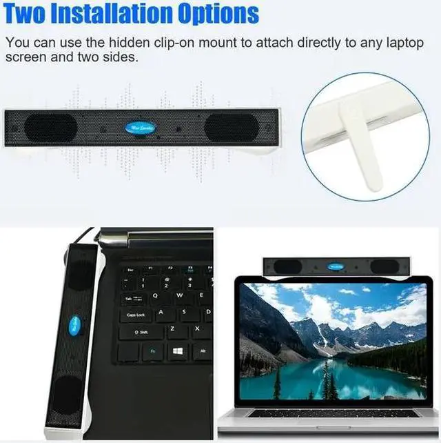 Alt view image 4 of 7 - USB Computer Speakers - 3.5mm USB Mini Clip-on Laptop Sound Bar Stereo 2.0 Channel Wired PC Speakers for TV Desktop Laptop Tablets Monitor Notebook (White)