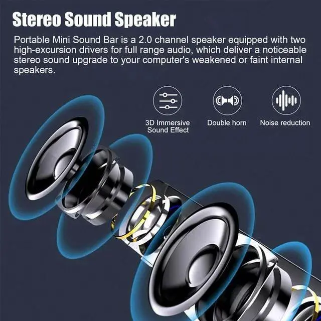 Alt view image 3 of 7 - USB Computer Speakers - 3.5mm USB Mini Clip-on Laptop Sound Bar Stereo 2.0 Channel Wired PC Speakers for TV Desktop Laptop Tablets Monitor Notebook (White)