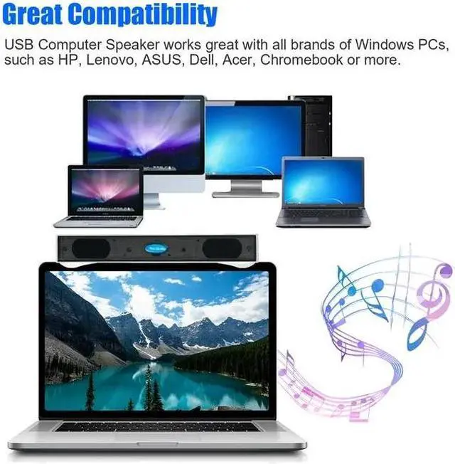 Alt view image 2 of 7 - USB Computer Speakers - 3.5mm USB Mini Clip-on Laptop Sound Bar Stereo 2.0 Channel Wired PC Speakers for TV Desktop Laptop Tablets Monitor Notebook (White)