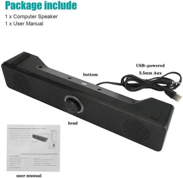 Alt view image 7 of 7 - Computer Speaker for Desktop - Wired Laptop Soundbar USB-Powered PC Gaming Speaker with Stereo Surround Bass, Volume Control, 3.5mm Aux  (Black)