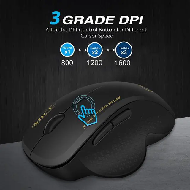 Alt view image 4 of 7 - Wireless Ergonomic Mouse - 2.4G Optical Mouse with 6 Buttons, 800/1200/1600 3 Levels DPI, USB Receiver, Portable Computer Mouse for Laptop, PC, MacBook, Desktop (Black)