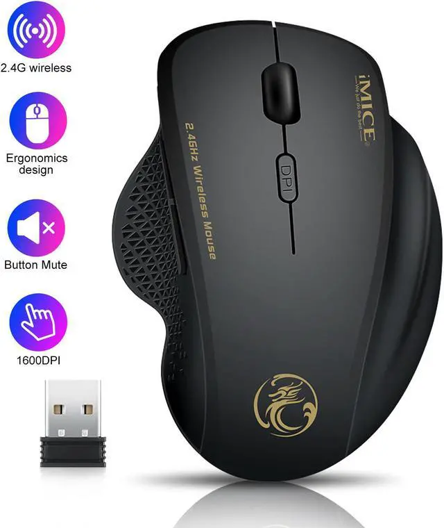 Main image of Wireless Ergonomic Mouse - 2.4G Optical Mouse with 6 Buttons, 800/1200/1600 3 Levels DPI, USB Receiver, Portable Computer Mouse for Laptop, PC, MacBook, Desktop (Black)